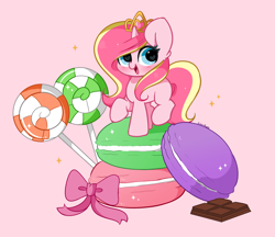 Size: 4256x3672 | Tagged: safe, artist:kittyrosie, oc, oc only, oc:rosa flame, pony, unicorn, candy, chocolate, cute, ear fluff, female, food, heart, heart eyes, high res, jewelry, lollipop, macaron, mare, not cadance, ocbetes, raised hoof, raised leg, redraw, smiling, solo, sweets, tiara, wingding eyes