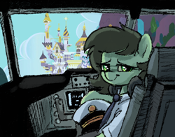 Size: 383x300 | Tagged: safe, artist:plunger, oc, oc only, oc:filly anon, earth pony, pony, 9/11, boeing 767, canterlot, clothes, drawthread, female, filly, foal, mare, op is a duck, op is trying to start shit, plane, smug, solo, uniform, uniform hat