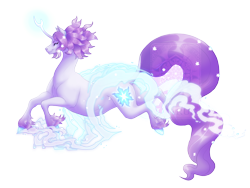 Size: 2048x1536 | Tagged: safe, artist:icarusdragons, tree of harmony, oc, oc only, oc:harmony (heilos), classical unicorn, pony, unicorn, cloven hooves, crystal hooves, curved horn, eyeshadow, female, flower, flower in hair, glowing cutie mark, horn, leonine tail, magic, makeup, mare, ponified, raised hoof, running, simple background, smiling, solo, tail, transparent background, unshorn fetlocks