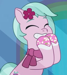 Size: 1692x1908 | Tagged: safe, screencap, dahlia, earth pony, pony, all that jazz, g5, my little pony: tell your tale, spoiler:g5, spoiler:my little pony: tell your tale, spoiler:tyts01e27, adordahlia, clothes, cute, daaaaaaaaaaaw, female, happy, hoof polish, mare, scarf, smiling, solo
