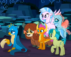 Size: 832x664 | Tagged: safe, screencap, gallus, ocellus, sandbar, silverstream, smolder, yona, changedling, changeling, classical hippogriff, dragon, earth pony, griffon, hippogriff, pony, yak, g4, uprooted, bow, butt, cloven hooves, cropped, hair bow, jewelry, monkey swings, necklace, plot, student six