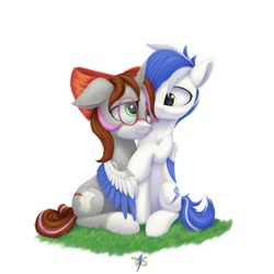 Size: 2000x2000 | Tagged: safe, artist:t15, oc, oc only, oc:irina volkova, oc:thunder shines, pegasus, pony, unicorn, bow, couple, duo, female, floppy ears, glasses, green eyes, hair bow, high res, horn, hug, looking at each other, looking at someone, mare, pegasus oc, ribbon, simple background, smiling, unicorn oc, white background, winghug, wings, yellow eyes