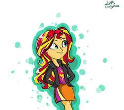 Size: 948x843 | Tagged: safe, artist:peanutbuttersqaures, sunset shimmer, human, equestria girls, g4, 2015, eyebrows, female, hands behind back, old art, signature, simple background, smiling, solo, transparent background