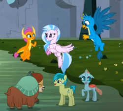 Size: 655x591 | Tagged: safe, screencap, gallus, ocellus, sandbar, silverstream, smolder, yona, changedling, changeling, classical hippogriff, dragon, earth pony, griffon, hippogriff, pony, yak, g4, uprooted, bow, cloven hooves, colored hooves, cropped, cute, diaocelles, diastreamies, dragoness, eyes closed, female, flying, gallabetes, hair bow, jewelry, looking at you, male, monkey swings, necklace, sandabetes, smiling, smolderbetes, student six, teenager, yonadorable