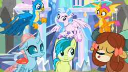Size: 1600x900 | Tagged: safe, screencap, gallus, ocellus, sandbar, silverstream, smolder, yona, changedling, changeling, classical hippogriff, dragon, earth pony, griffon, hippogriff, pony, yak, g4, uprooted, cute, diaocelles, diastreamies, gallabetes, sandabetes, smolderbetes, student six, treehouse of harmony, yonadorable