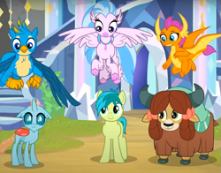 Size: 855x671 | Tagged: safe, screencap, gallus, ocellus, sandbar, silverstream, smolder, yona, changedling, changeling, classical hippogriff, dragon, earth pony, griffon, hippogriff, pony, yak, g4, uprooted, cropped, cute, diaocelles, diastreamies, gallabetes, sandabetes, smolderbetes, student six, treehouse of harmony, yonadorable