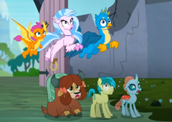 Size: 788x559 | Tagged: safe, screencap, gallus, ocellus, sandbar, silverstream, smolder, yona, changedling, changeling, classical hippogriff, dragon, earth pony, griffon, hippogriff, pony, yak, g4, uprooted, cropped, student six