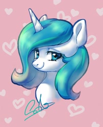 Size: 2988x3693 | Tagged: artist needed, safe, oc, oc only, oc:time slowly, pony, unicorn, bust, female, heart, high res, horn, looking at you, mare, pink background, signature, simple background, smiling, smiling at you, unicorn oc