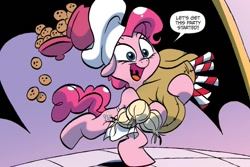 Size: 1125x750 | Tagged: safe, artist:jay fosgitt, idw, pinkie pie, earth pony, pony, g4, my little pony: friends forever, spoiler:comic, apron, candy, candy cane, chef's hat, clothes, cookie, cookie jar, cute, dialogue, diapinkes, english, female, flour sack, food, hat, mare, solo, turnip