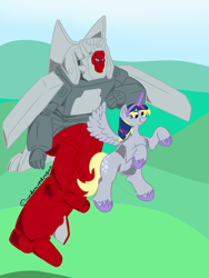 Size: 2250x3000 | Tagged: safe, artist:soundwavedragon, derpy hooves, pegasus, pony, robot, g4, alicorn costume, broadside (transformers), clothes, costume, duo, fake horn, flying, high res, nightmare night costume, simple background, toilet paper roll horn, transformers, twilight muffins, wig