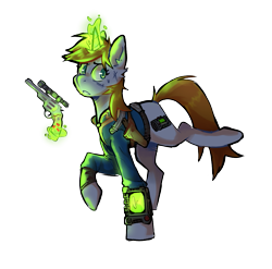 Size: 1079x1066 | Tagged: safe, artist:sketchtablet, oc, oc only, oc:littlepip, pony, unicorn, fallout equestria, gun, handgun, horn, little macintosh, magic, pipbuck, revolver, simple background, solo, telekinesis, transparent background, unicorn oc, weapon