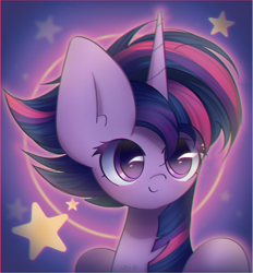 Size: 1950x2100 | Tagged: safe, artist:miryelis, twilight sparkle, alicorn, pony, g4, alternate hairstyle, big ears, cute, hair, horn, punklight sparkle, simple background, smiling, solo, stars, twilight sparkle (alicorn)