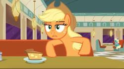 Size: 828x465 | Tagged: safe, screencap, applejack, honey curls, mare e. lynn, earth pony, pony, g4, my little pony: friendship is magic, the saddle row review, booth, cafe, diner, duo, duo female, female, food, mare, pie