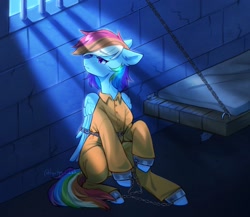 Size: 2048x1778 | Tagged: safe, artist:tyutya, rainbow dash, mouse, pegasus, pony, g4, bed, bound wings, cell, chains, clothes, commission, commissioner:rainbowdash69, cuffed, cuffs, female, jail cell, jumpsuit, mare, never doubt rainbowdash69's involvement, prison, prison outfit, prisoner rd, sad, shackles, solo, wings