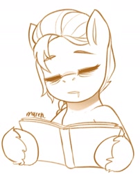 Size: 1600x1982 | Tagged: safe, artist:maren, sunny starscout, earth pony, pony, g5, bags under eyes, book, bust, doodle, drool, female, mare, monochrome, sitting, sleeping, solo