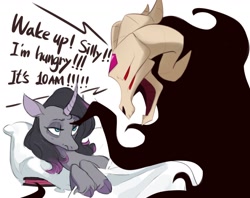 Size: 1818x1443 | Tagged: safe, artist:egil, artist:maren, edit, fhtng th§ ¿nsp§kbl, oleander (tfh), classical unicorn, demon, pony, unicorn, them's fightin' herds, behaving like a cat, blanket, book, cloven hooves, community related, curved horn, dialogue, english, female, fred, horn, leonine tail, lidded eyes, mare, pillow, pointing, sleepy, unshorn fetlocks