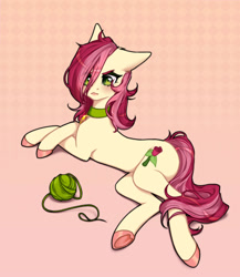 Size: 1300x1500 | Tagged: safe, artist:takic, roseluck, pony, behaving like a cat, blushing, collar, commission, commissioner:doom9454, cute, hair over one eye, lying down, pet tag, pony pet, rosepet, underhoof, yarn, yarn ball