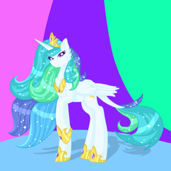 Size: 2022x2022 | Tagged: safe, artist:lindasaurie, princess celestia, alicorn, pony, g4, chest fluff, ethereal mane, high res, jewelry, looking at you, raised hoof, redesign, regalia, solo