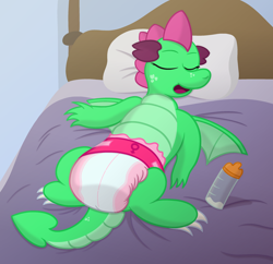 Size: 2200x2127 | Tagged: safe, artist:sweetielover, oc, oc only, oc:goldigony, dragon, baby bottle, bed, bedroom, bedsheets, cute, diaper, diaper fetish, dragoness, female, fetish, high res, non-baby in diaper, open mouth, pillow, pink diaper, sleeping, sleepy, solo, spread legs, spreading, wings