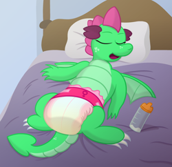 Size: 2200x2127 | Tagged: safe, alternate version, artist:sweetielover, oc, oc only, oc:goldigony, dragon, baby bottle, bed, bedroom, bedsheets, bedwetting, cute, diaper, diaper fetish, dragoness, female, fetish, high res, non-baby in diaper, open mouth, pillow, pink diaper, pissing, sleeping, sleepy, solo, spread legs, spreading, urine, wet diaper, wetting, wings