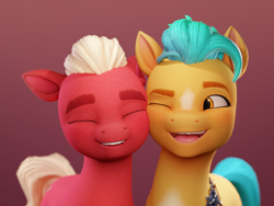 Size: 2554x1920 | Tagged: safe, artist:luminousdazzle, hitch trailblazer, sprout cloverleaf, earth pony, pony, g5, 3d, badge, blender, cheek to cheek, cute, cycles render, duo, duo male, eyes closed, gay, male, one eye closed, open mouth, open smile, render, ship:clovertrail, shipping, simple background, smiling, stallion