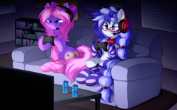 Size: 1152x720 | Tagged: safe, artist:scarlet-spectrum, oc, oc only, oc:cinnabyte, oc:lillybit, earth pony, pony, bookshelf, clothes, controller, couch, duo, energy drink, gaming, gaming headset, headset, night, scarf, socks, striped socks, table, television