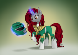 Size: 3284x2304 | Tagged: safe, artist:magfen, oc, oc only, oc:obsidian, pony, unicorn, clothes, curved horn, gradient background, green ranger, high res, horn, mighty morphin power rangers, power rangers, raised hoof, solo