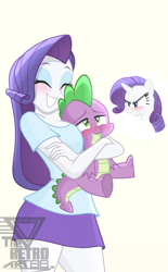 Size: 1100x1769 | Tagged: safe, artist:theretroart88, rarity, spike, dragon, human, pony, unicorn, equestria girls, angry, between breasts, blushing, breasts, busty rarity, clothes, cute, eyes closed, eyeshadow, female, hug, jealous, lucky bastard, makeup, male, raribetes, rarity is not amused, self paradox, self ponidox, shipping, shirt, simple background, skirt, sparity, spikelove, straight, stupid sexy rarity, unamused, white background