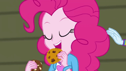 Size: 1280x720 | Tagged: safe, screencap, pinkie pie, rainbow dash, human, equestria girls, g4, my little pony equestria girls: rainbow rocks, :d, animated, biting, bracelet, canterlot high, chocolate chip, confused, cookie, eating, female, food, gif, grabbing, gym, happy, hey, jewelry, nom, offscreen character, open mouth, open smile, raised eyebrow, smiling, solo focus