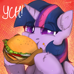 Size: 2480x2480 | Tagged: safe, artist:sinrinf, twilight sparkle, alicorn, pony, g4, burger, bust, commission, cute, female, food, high res, horn, mare, portrait, solo, that pony sure does love burgers, twiabetes, twilight burgkle, twilight sparkle (alicorn), wings, ych example, your character here