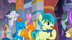 Size: 1600x899 | Tagged: safe, screencap, gallus, ocellus, sandbar, silverstream, smolder, yona, changedling, changeling, classical hippogriff, dragon, earth pony, griffon, hippogriff, pony, yak, g4, she's all yak, bowtie, chips, cupcake, cute, diaocelles, diastreamies, eyes closed, food, gallabetes, hand over mouth, laughing, plate, raised hoof, smolderbetes, student six
