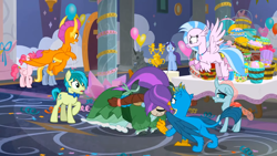 Size: 1600x900 | Tagged: safe, screencap, gallus, november rain, ocellus, sandbar, silverstream, smolder, yona, changedling, changeling, classical hippogriff, dragon, earth pony, griffon, hippogriff, pony, yak, g4, my little pony: friendship is magic, she's all yak, balloon, bowtie, butt, clothes, cloven hooves, colored hooves, dragoness, dress, female, flying, food, friendship student, jewelry, male, necklace, plot, student six, teenager, trophy