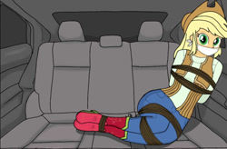 Size: 1080x708 | Tagged: safe, artist:fishielo, applejack, human, equestria girls, g4, bondage, bound and gagged, car, car seat, cloth gag, gag, kidnapped, requested art, rope, rope bondage, ropes, sad, scared, tied up, worried