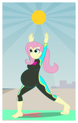 Size: 2275x3600 | Tagged: dead source, safe, artist:snap1994, fluttershy, human, equestria girls, g4, arms in the air, barefoot, beach, belly, belly button, big belly, breasts, busty fluttershy, feet, female, fluttershy's wetsuit, high res, outie belly button, preggoshy, pregnant, pregnant equestria girls, solo, stretching, wetsuit