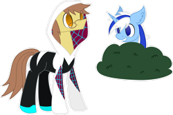 Size: 2997x2001 | Tagged: safe, artist:emc-blingds, oc, oc only, oc:ferb fletcher, oc:zipper zest, pegasus, pony, unicorn, bush, clothes, cosplay, costume, duo, ear fluff, glasses, grin, hiding, high res, male, not minuette, simple background, smiling, spider-gwen, stallion, transparent background