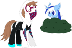 Size: 2997x2001 | Tagged: safe, alternate version, artist:emc-blingds, oc, oc only, oc:zipper zest, pony, unicorn, bush, clothes, costume, duo, ear fluff, glasses, grin, hiding, high res, male, mask, not minuette, simple background, smiling, spider-gwen, stallion, transparent background