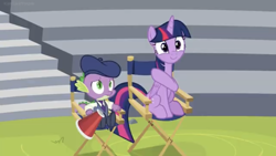 Size: 1334x750 | Tagged: safe, screencap, spike, twilight sparkle, alicorn, dragon, pony, g4, horse play, my little pony: friendship is magic, beret, chair, director's chair, female, hat, mare, megaphone, twilight sparkle (alicorn)