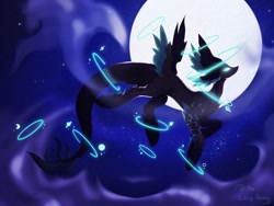 Size: 2047x1536 | Tagged: safe, artist:thelazyponyy, oc, oc only, draconequus, draconequus oc, flying, full moon, glowing, glowing eyes, moon, night, outdoors, solo, stars