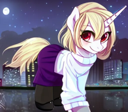 Size: 512x448 | Tagged: safe, ai assisted, ai content, artist:gomez de video, generator:stable diffusion, pony, unicorn, arcueid brunestud, blonde hair, city, cityscape, clothes, eyelashes, female, mare, melty blood, moon, night, pantyhose, ponified, red eyes, rule 85, shoes, short hair, skirt, solo, tsukihime, turtleneck