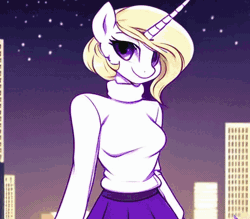 Size: 512x448 | Tagged: safe, ai assisted, ai content, artist:gomez de video, generator:stable diffusion, pony, unicorn, anthro, animated, anthro to pony, arcueid brunestud, blonde hair, city, cityscape, clothes, eyelashes, female, mare, melty blood, moon, night, pantyhose, ponified, red eyes, rule 85, shoes, short hair, skirt, solo, tsukihime, turtleneck, what has science done