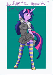 Size: 2480x3506 | Tagged: safe, artist:furryfantan, twilight sparkle, unicorn, anthro, g4, arm behind head, clothes, english, female, harry potter (series), high res, jacket, legwear, pose, school uniform, simple background, skirt, socks, solo, stockings, striped socks, thigh highs