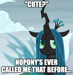 Size: 500x518 | Tagged: safe, edit, edited screencap, screencap, queen chrysalis, changeling, changeling queen, frenemies (episode), g4, season 9, caption, cropped, crown, cute, cutealis, english, female, image macro, jewelry, mare, regalia, sad, solo, text