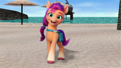 Size: 1366x768 | Tagged: safe, sunny starscout, earth pony, pony, g5, my little pony: a new generation, 3d, beach, day, female, happy, looking at you, mare, ocean, open mouth, sand, sky, solo, the legend of zelda, the legend of zelda: majora's mask, walking, water