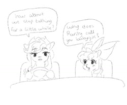 Size: 1465x1212 | Tagged: safe, artist:riceflowers_art, apple bloom, applejack, earth pony, pony, g4, car, dialogue, driving, duo, english, female, implied lesbian, implied rarijack, implied shipping, monochrome, siblings, sisters, sketch, speech bubble