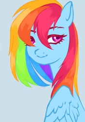 Size: 410x586 | Tagged: safe, artist:riceflowers_art, rainbow dash, pegasus, pony, g4, bust, female, looking at you, mare, simple background, solo