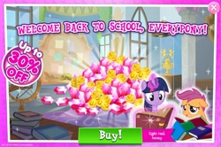 Size: 1558x1032 | Tagged: safe, gameloft, scootaloo, twilight sparkle, pony, g4, my little pony: magic princess, advertisement, back to school, bits, costs real money, english, gem, sale, september, united states