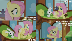 Size: 4400x2475 | Tagged: safe, edit, edited screencap, editor:quoterific, screencap, angel bunny, fluttershy, pegasus, pony, rabbit, g4, season 5, the hooffields and mccolts, angel bunny is not amused, animal, book, booty call, english, female, frown, glowing cutie mark, male, mare, open mouth, open smile, smiling, unamused