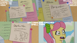 Size: 4400x2475 | Tagged: safe, edit, edited screencap, editor:quoterific, screencap, posey bloom, earth pony, pony, another pony's trash, g5, my little pony: tell your tale, spoiler:g5, spoiler:my little pony: tell your tale, spoiler:tyts01e23, angry, blech, bow, complaining, disgusted, drawing, english, female, garlic, hair bow, implied pegasus, implied unicorn, mare, open mouth, sticky note, tongue out