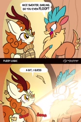 Size: 1124x1680 | Tagged: safe, artist:theratedrshimmer, autumn blaze, velvet (tfh), deer, kirin, reindeer, them's fightin' herds, 2 panel comic, awwtumn blaze, big ears, chest fluff, chest fluff envy, clothes, cloven hooves, comic, community related, crossover, cute, doe, english, female, kirinbetes, my eyes, open mouth, reference, smiling, sweater, the fairly oddparents, this will end in pain, understatement