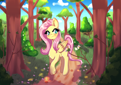 Size: 3000x2100 | Tagged: safe, artist:mylittleyuri, fluttershy, pegasus, pony, g4, blushing, cute, female, forest, high res, mare, shyabetes, smiling, solo